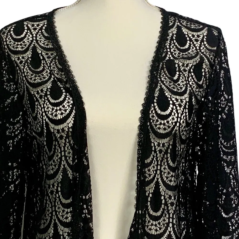 Whimsigoth Crochet Lace Fringe Black Open Front Kimono S Fairy Boho Vampire - Image 2