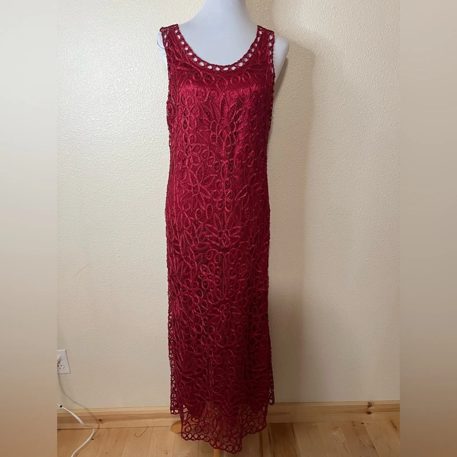 Soulmates red floral lace silk beaded hand crocheted maxi dress & jacket SET L - Image 3