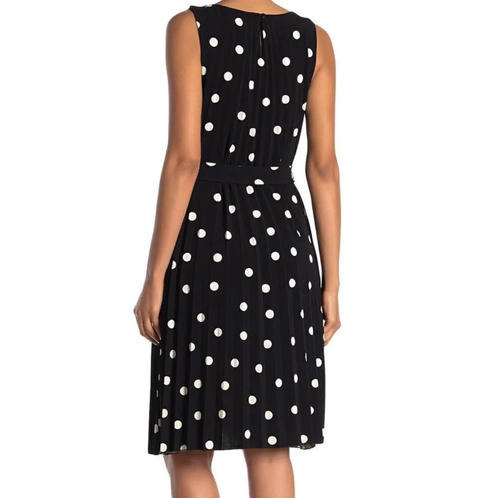 T Tahari Pleated Polka Dot Tie-Waist Dress - Image 10