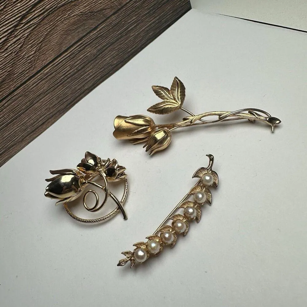 Flowers, Rose Stem, Faux Pearl Leaf Branch Gold Tone Brooch Pin Lot Of 3 - Image 2