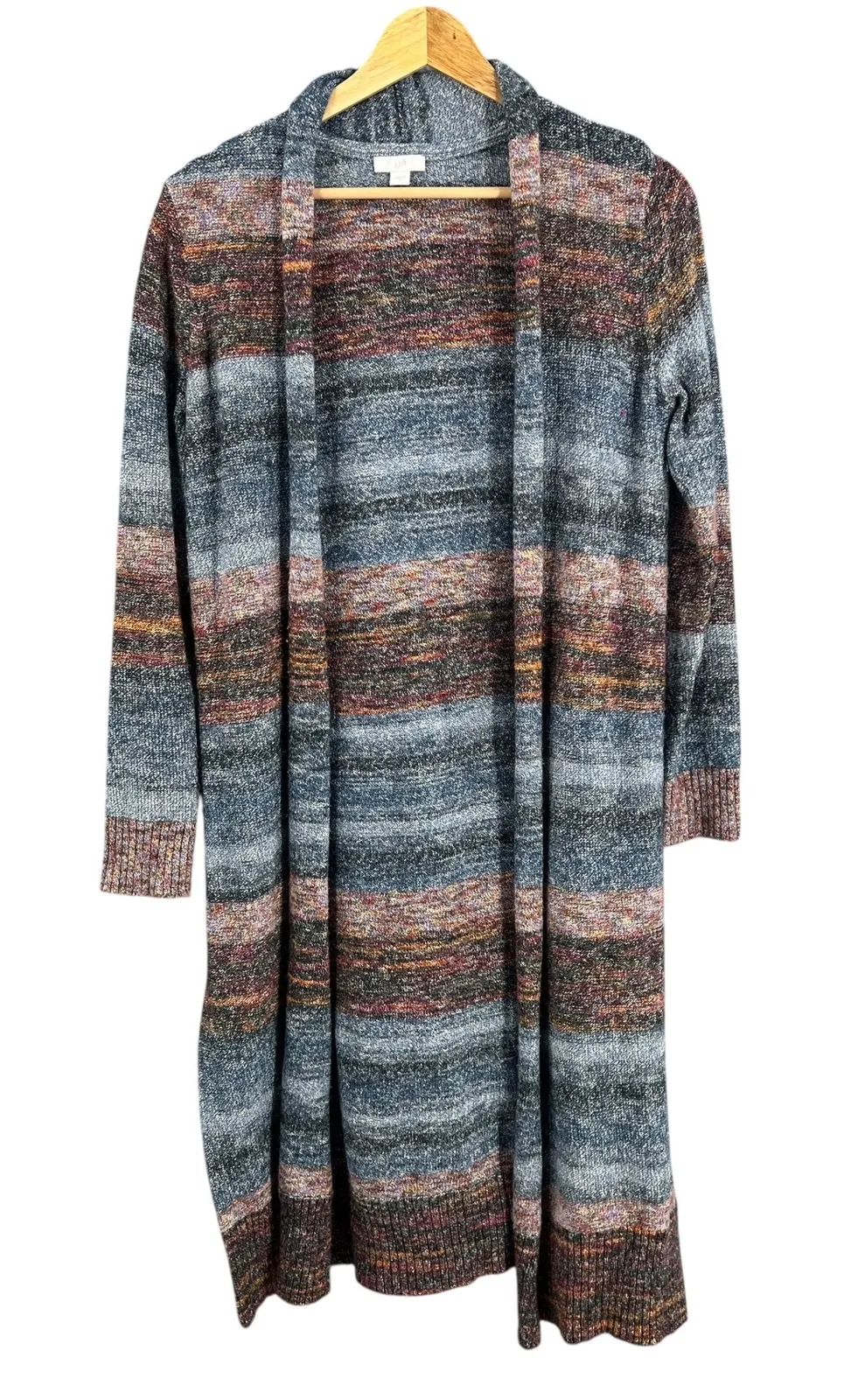 J Jill XS Duster Cardigan Sweater Striped Knit Open Front Multicolor Boho Casual Blue - Image 1