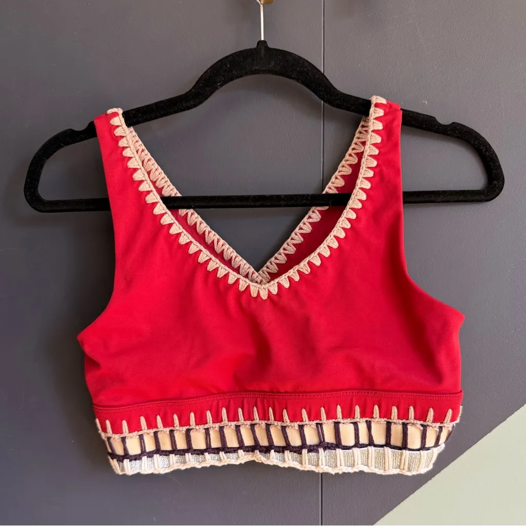 Carbon38 La Plage Crochet Banded Sports Bra, Red/Nude/Silver, Sz XS Red - Image 2
