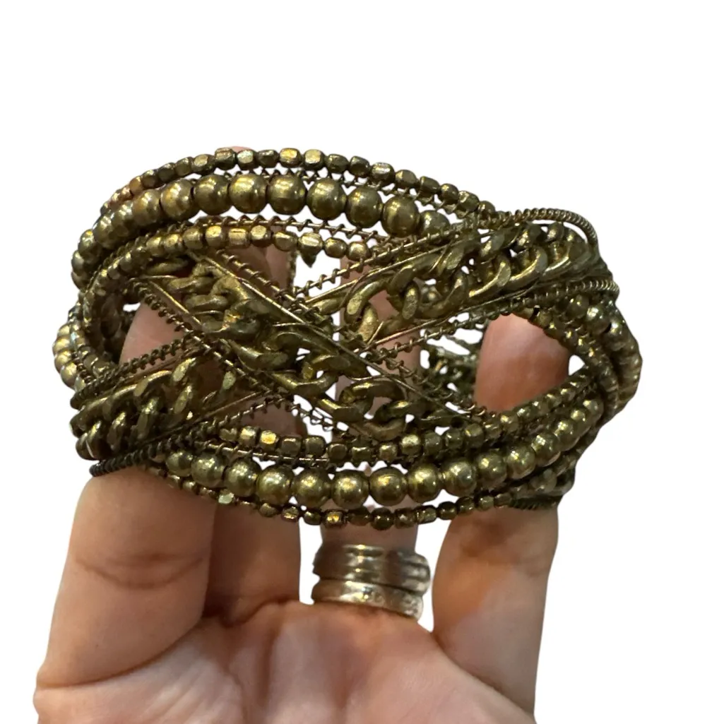 Braided beaded memory wire cuff bracelet Goldtone Made In‎ India - Image 2