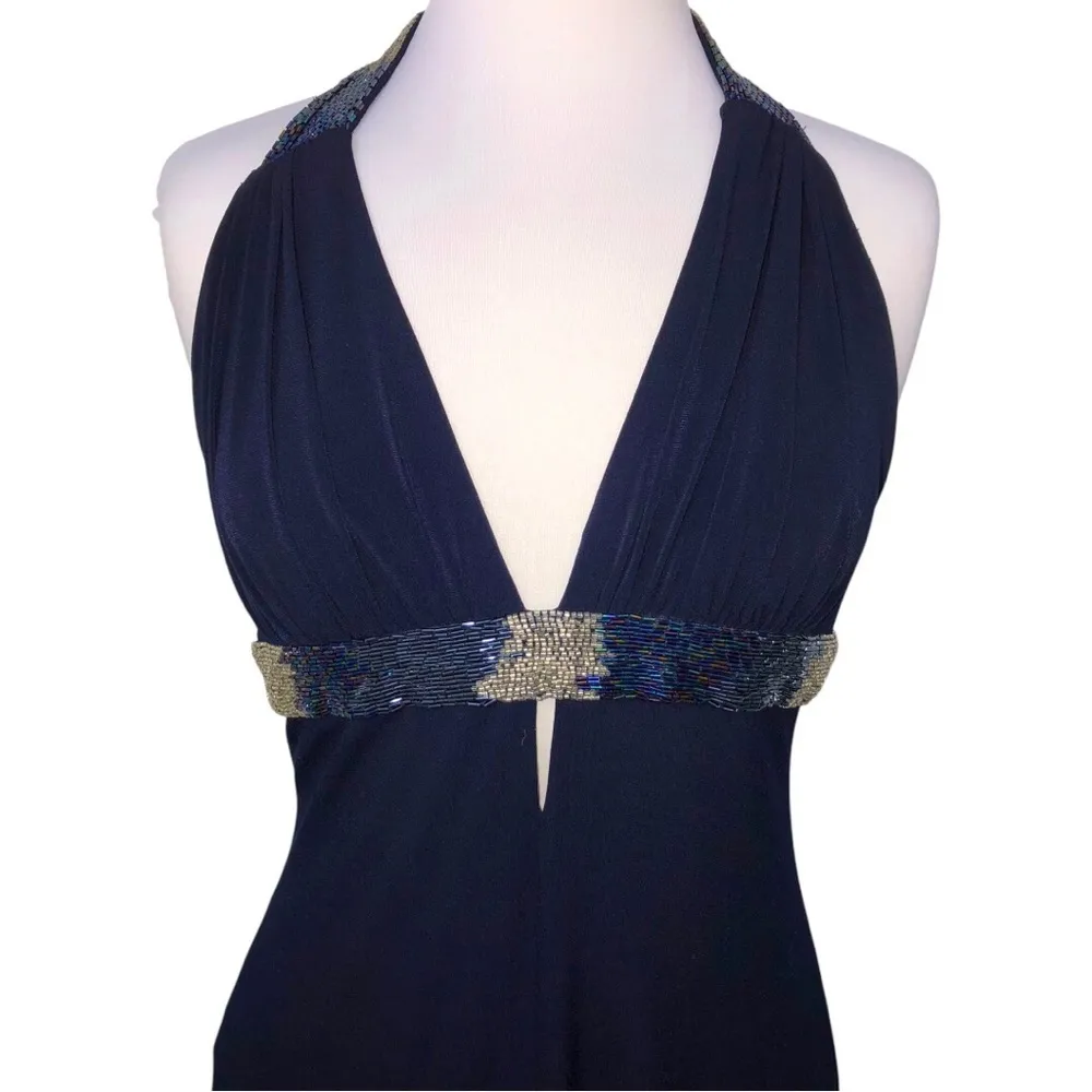 Cache Midnight Blue Beaded Halter Handkerchief Hem Dress 12 EUC - Image 2