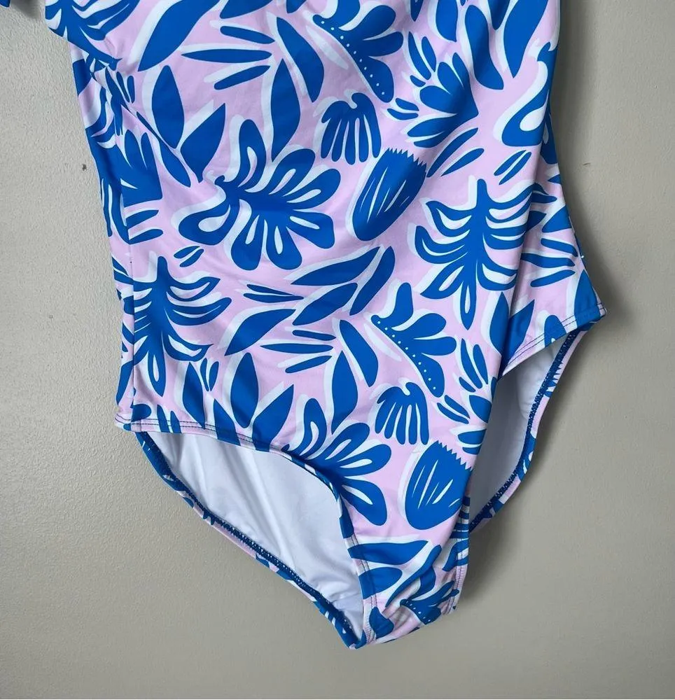 Michelle Mcdowell Women’s Floral Blue Mia One Shoulder One Piece Swimsuit Small - Image 3