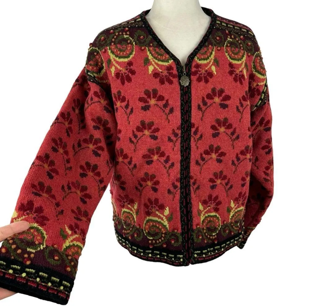 Icelandic Design Full Zip Jacket Wool 3D Knit Textured Floral Vintage Lined L Size L - Image 5