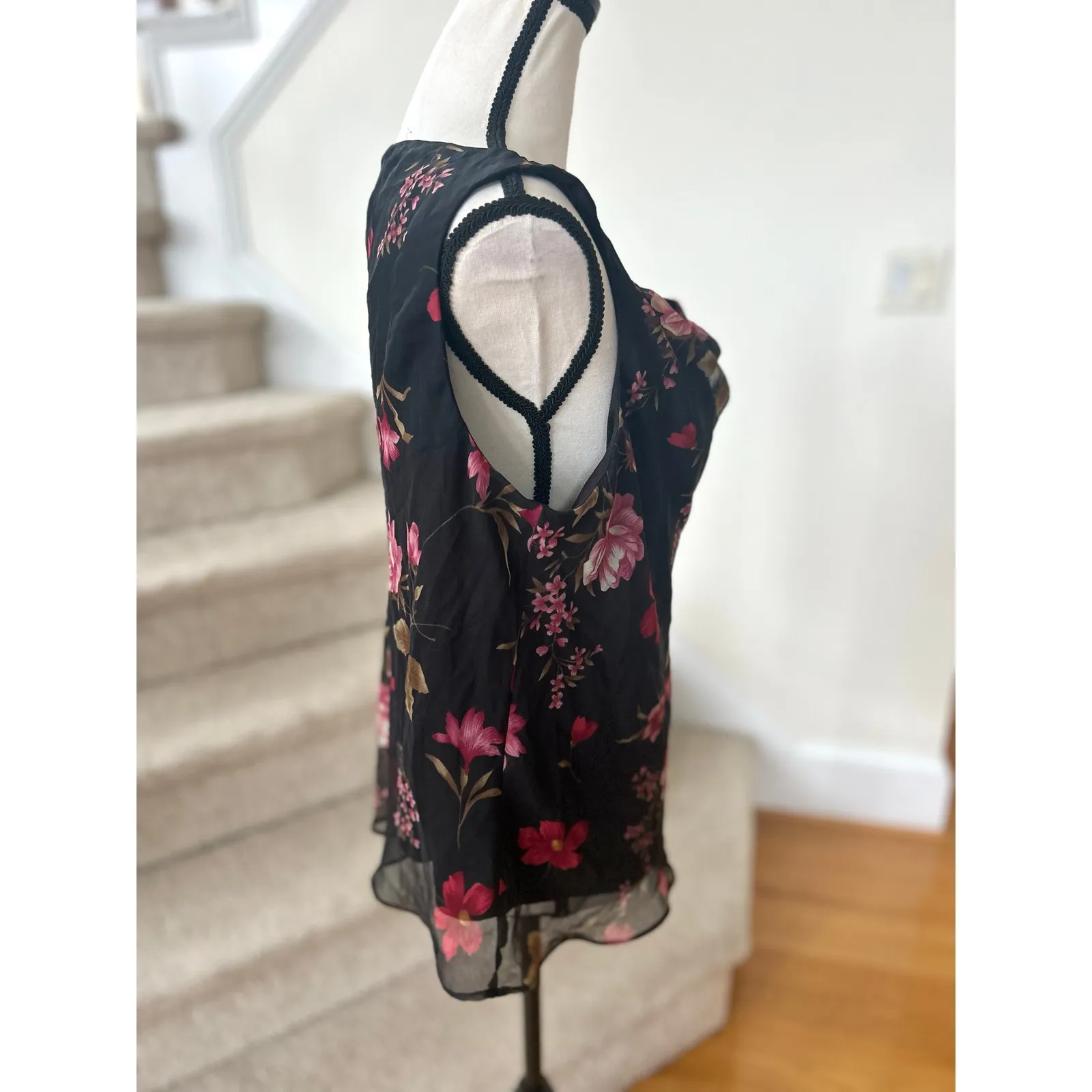 Vintage Y2k Whimsygoth Fairy Coquette Black Pink Floral Cowl Slip Tank Top Size 16W - Image 2