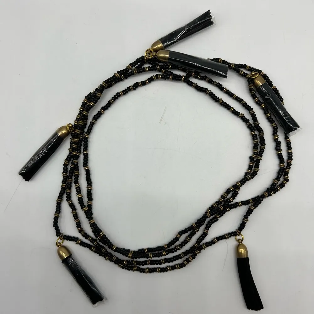 NEW black and gold beaded lariat necklace with five black tassels - Image 5