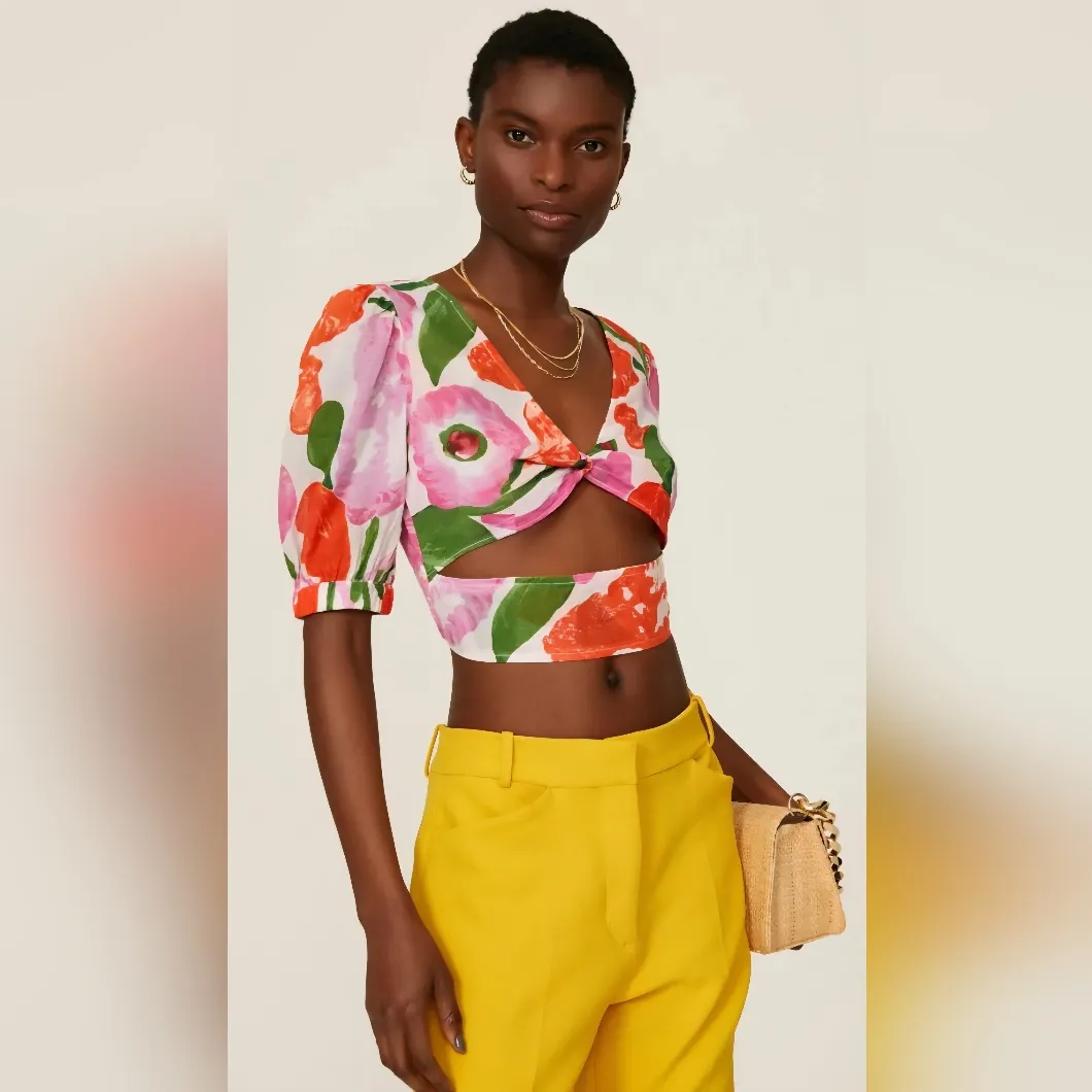 Banjanan Purple, Orange, Green, & White Floral Cropped Cut Out Top (L) Orange Size L - Image 4