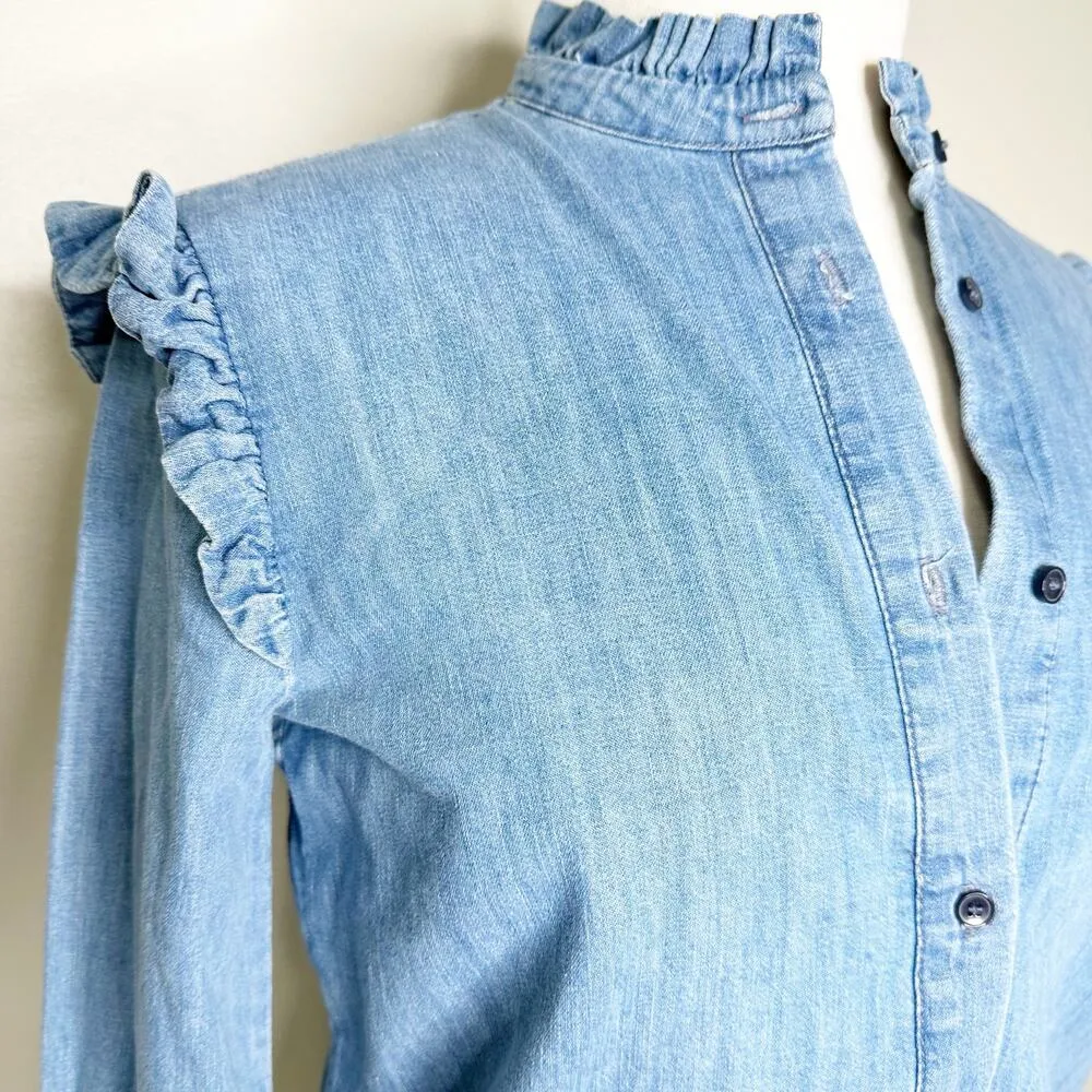 & Other Stories Womens Denim Shirt Button-Up Long Sleeve Ruffled Blue Size 4 - Image 3