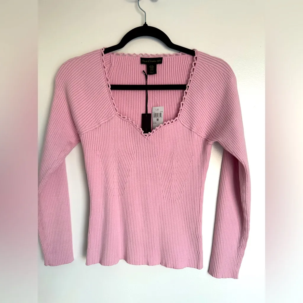 House of Harlow Pink Ribbed Sweater with Crochet Detail size medium - Image 4