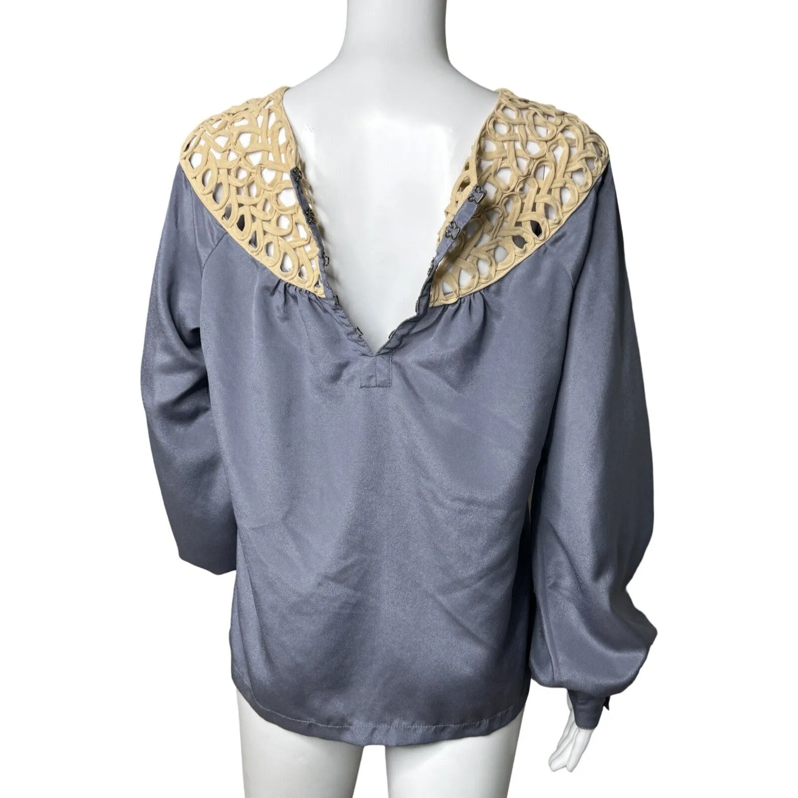 Esley Shirt‎ Womens Small Blue Cream Open Weave Blouse Boho Bohemian Neutral - Image 5