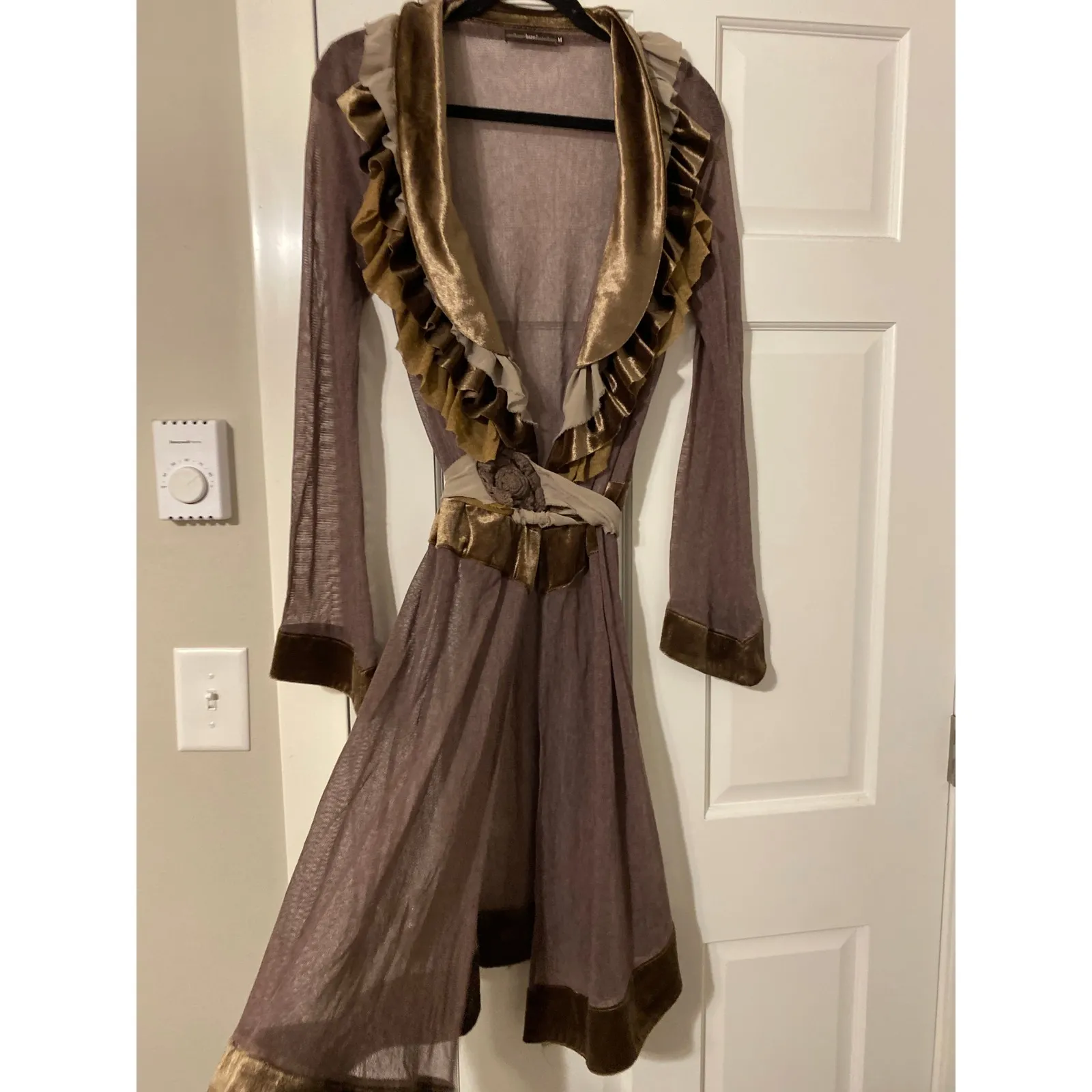 Velvet Ruffle Sheer Brown Duster Kimono Robe Medium Ethereal Bohemian Dark Femme - Image 3
