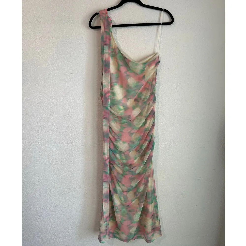 ASTR the Label Abstract Print Asymmetric Midi Green Pink Ruched Dress Size XL - Image 11