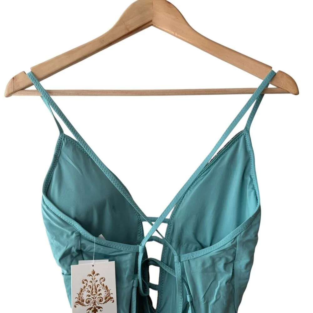 Becca Blue Fiesta Plunge Neck Basket Weave Trim One Piece Swimsuit Size Large - Image 7