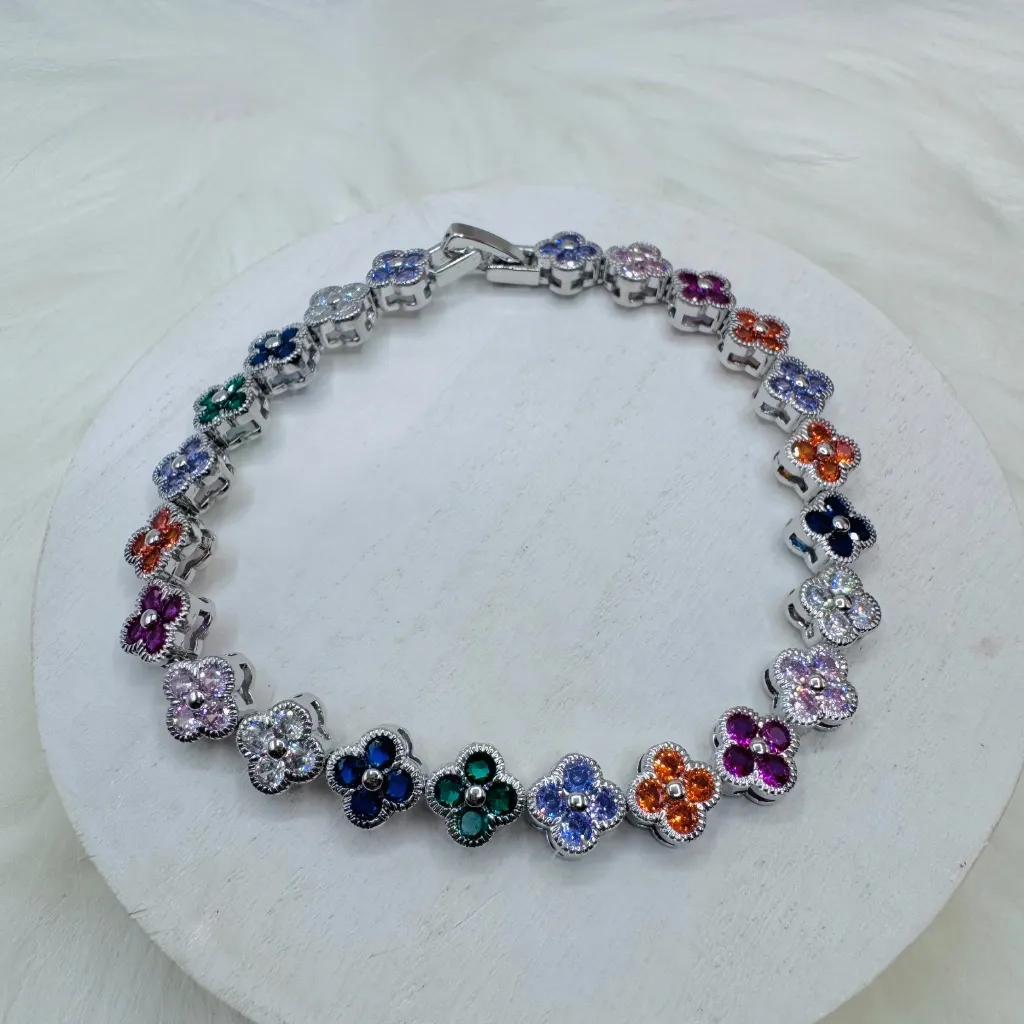 Floral Multicolor Sparkly Bracelet for small wrist in silver tone base - Image 5