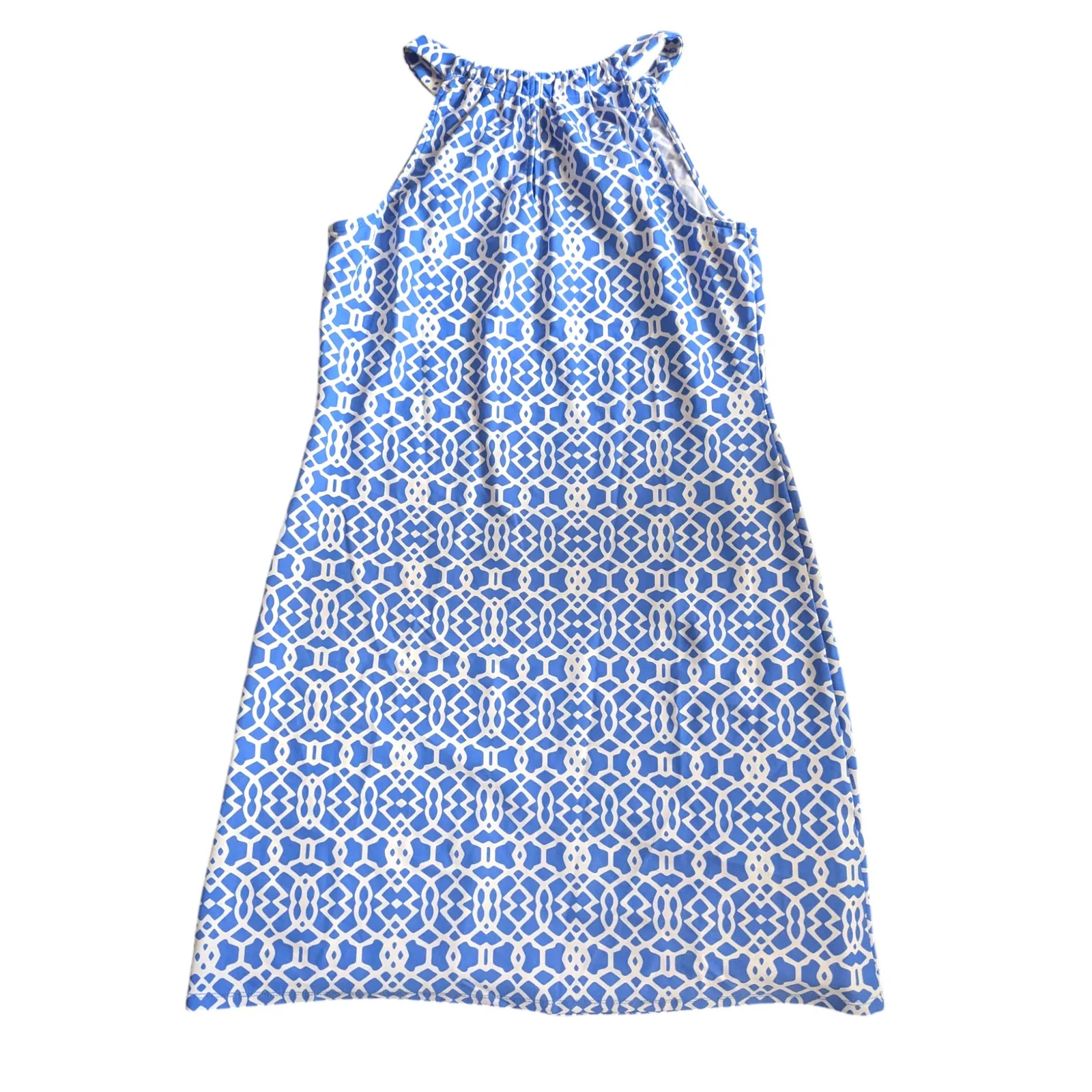 Jude Connally Dress Blue White Keyhole Halter Sleeveless Geometric Resortwear - Image 8