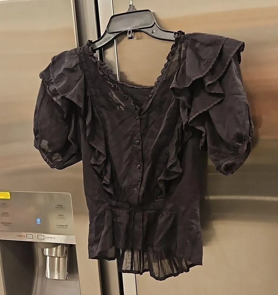💕ISABEL MARANT ETOILE💕 Black Ruffled Nathan Blouse ~ 100% Cotton Black 34 EU - Image 13
