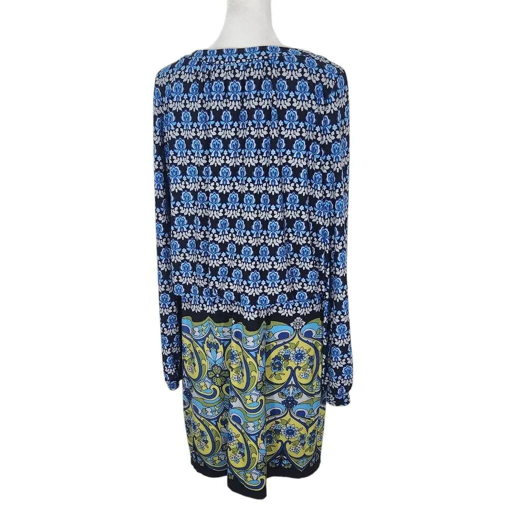 London Times Blue and Green Print Blouson Mini Dress Size 10 Wedding Guest Dress - Image 2