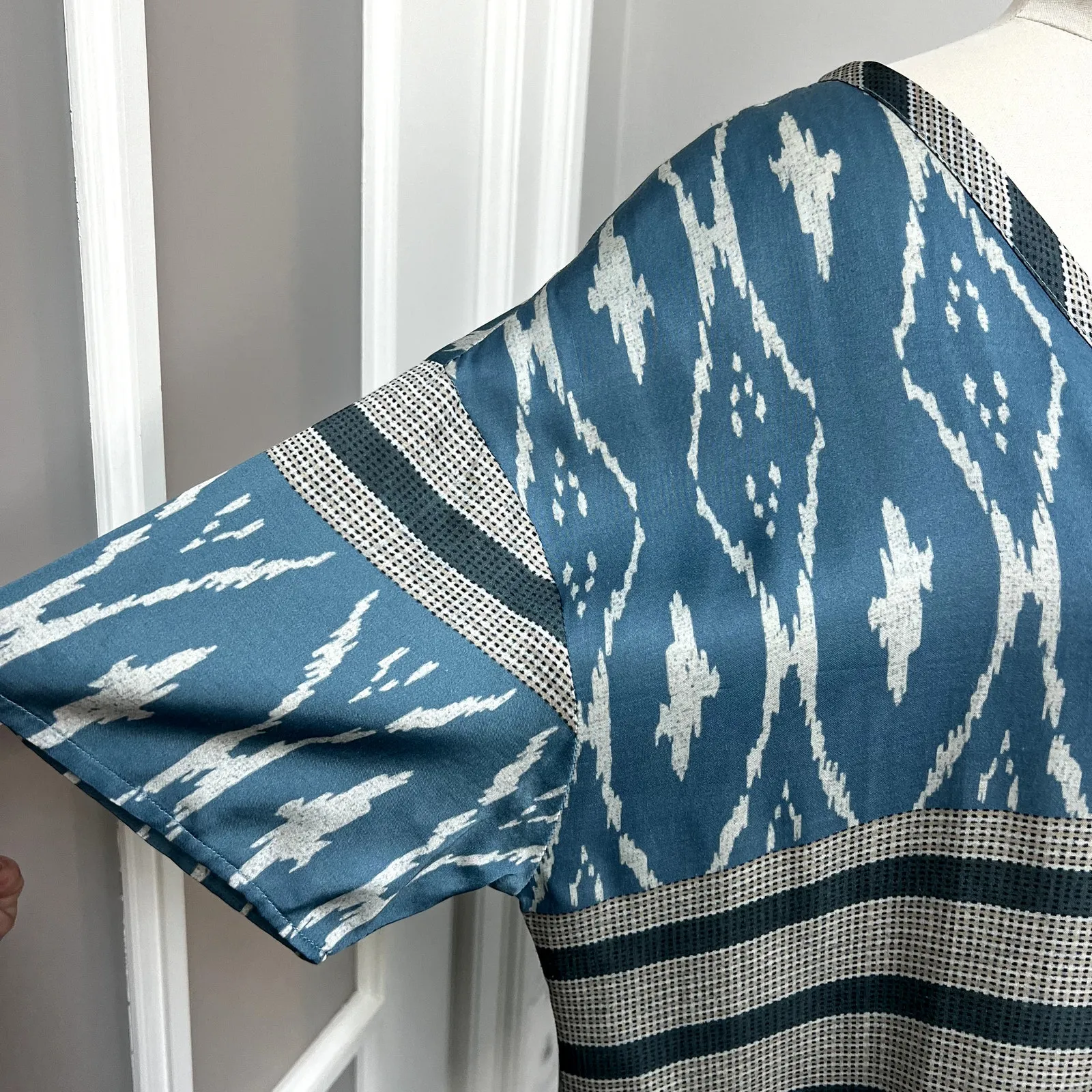 Chaser Short Sleeve V-Neck Blouse Silky Boxy Ikat Medium - Image 3