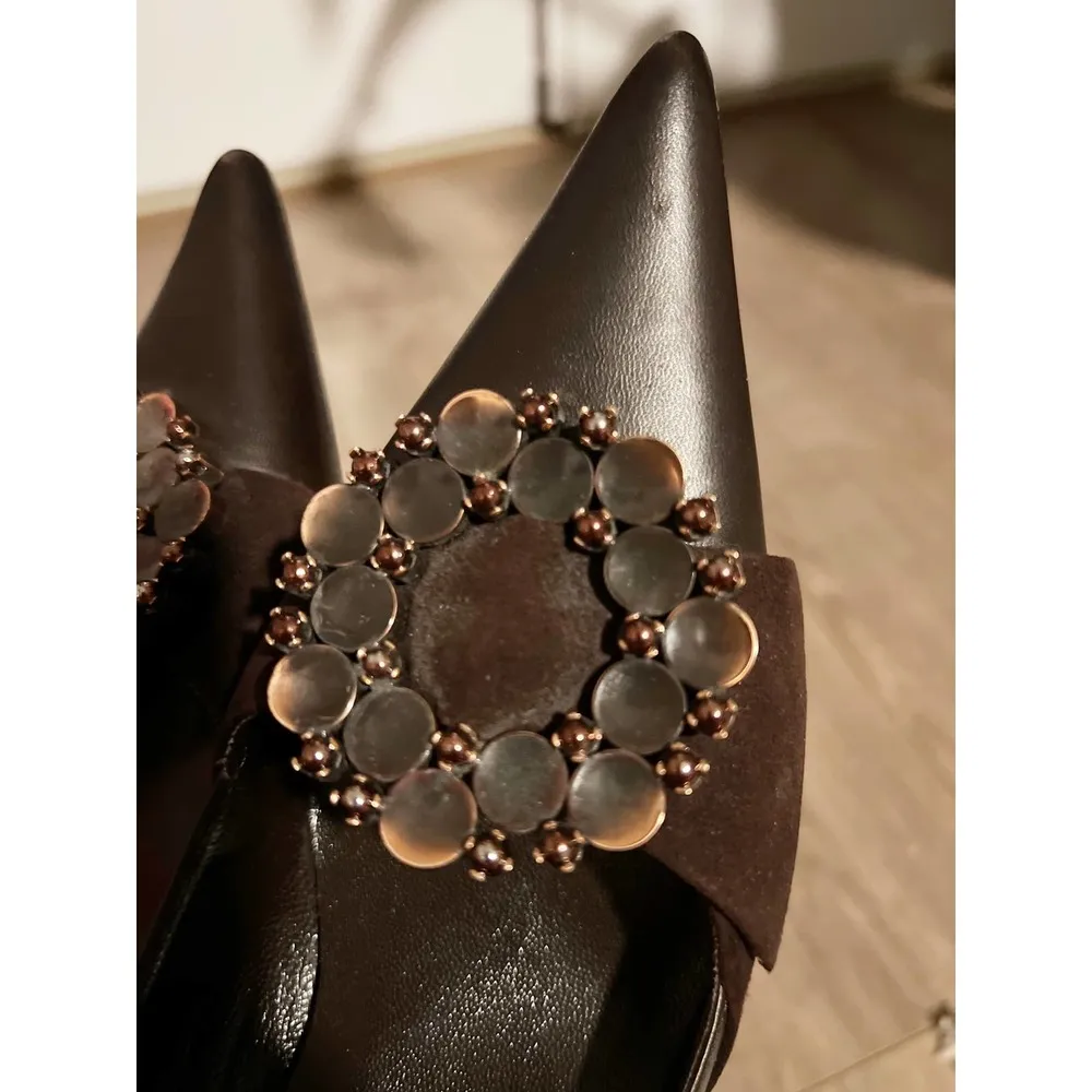 ESCADA Vintage Rare Brown Jeweled Pointed Toe Kitten Heels Size 6.5 - Image 11