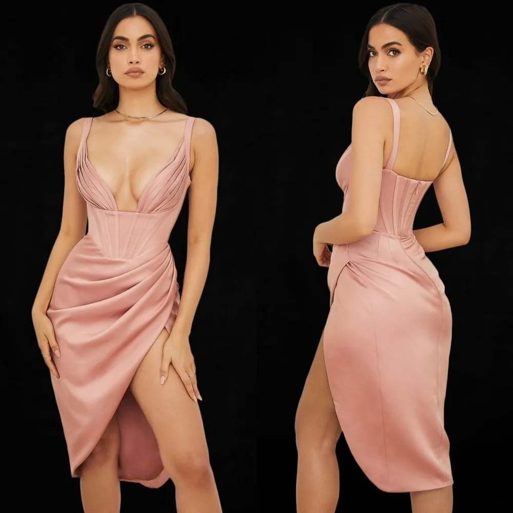 HOUSE OF CB 'Faye' Rose Satin Pleated Midi Dress - Image 3