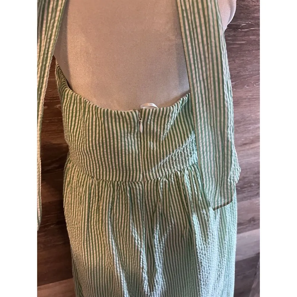 J. Crew Sz 6 Seersucker Stripped Green Open Tie Back Tank Maxi Dress Preppy - Image 5