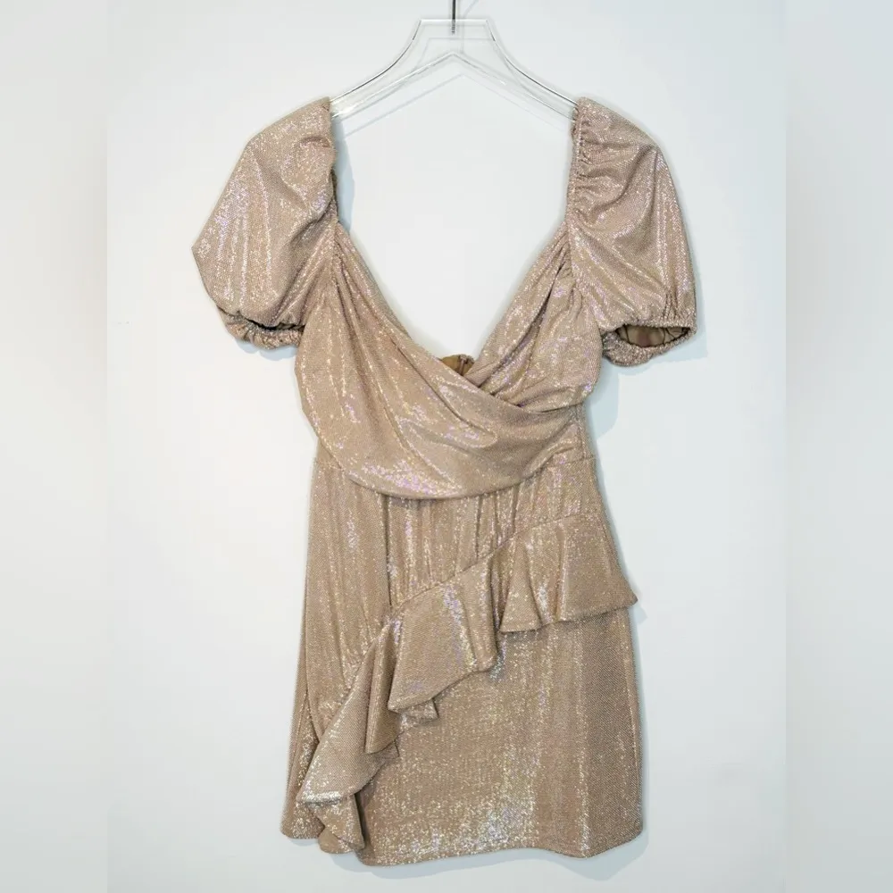 Tularosa Zina Tan Nude Metallic Silver Puff Sleeve Knit Mini Dress Size M NWT - Image 15