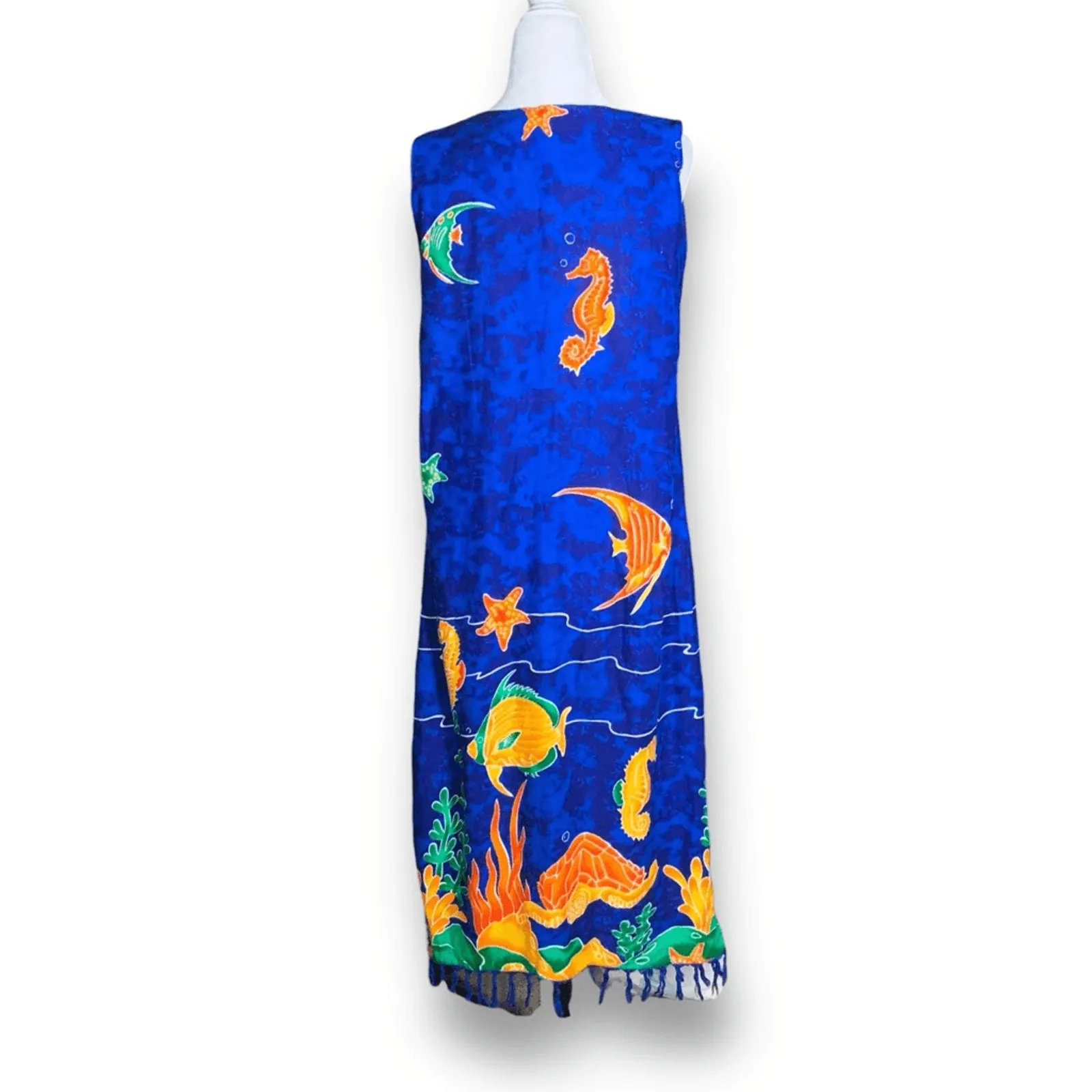Vintage 90s In Gear Blue Ocean Fish Print Dress Tassel Hem Resort Boho Small - Image 4