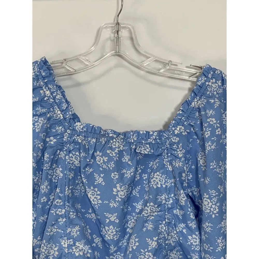 Speed Limit Womens Blouse Cropped Square Neck Drawstring Floral Blue Medium - Image 4
