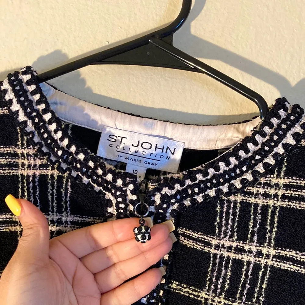 St. John Tweed Knit Women Zipper Blazer Size 10 Black Lime Green Tan & White - Image 2