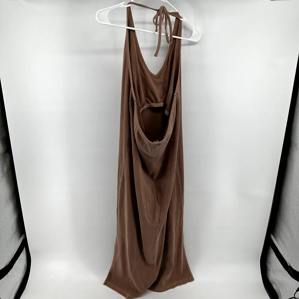 Old Navy Fitted Ribbed Knit Halter Hickory Midi Dress Open Back Side Slit Tan 2X - Image 6