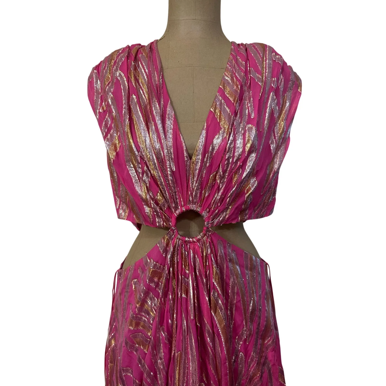 Ramy Brook Maxi Pink Gold Metallic Irene Cutout Metallic Silk Gown New size 14 - Image 4