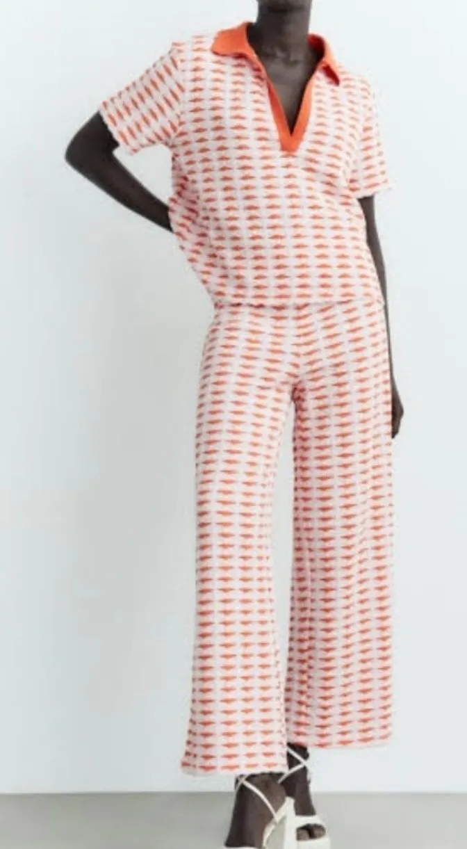 Zara Women's Jacquard Green Pink Colorway Polo Straight Leg Pant Set - Large - Image 2