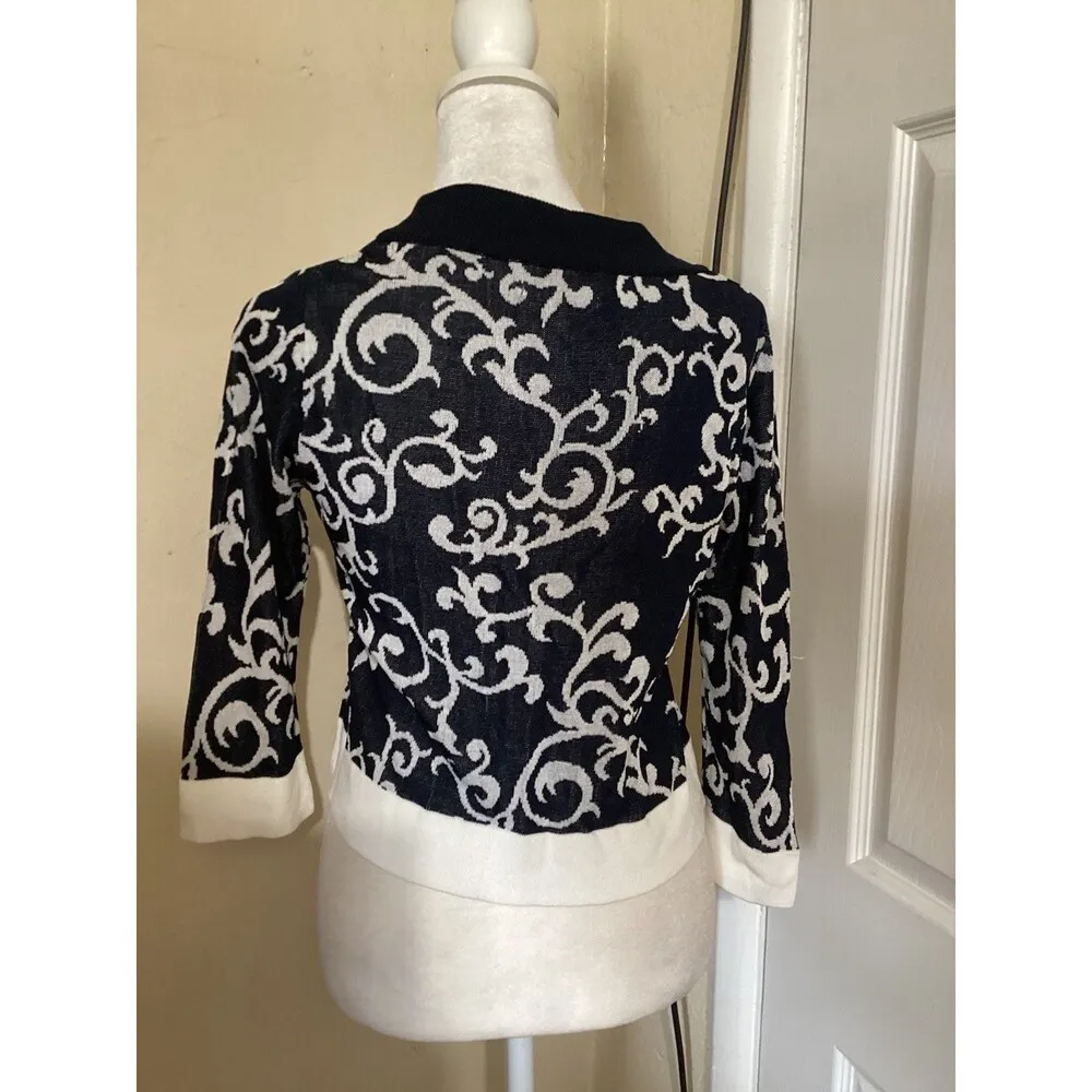 Neiman Marcus Navy Blue Geometric Print Oversized Button Down Knit Cardigan S - Image 4