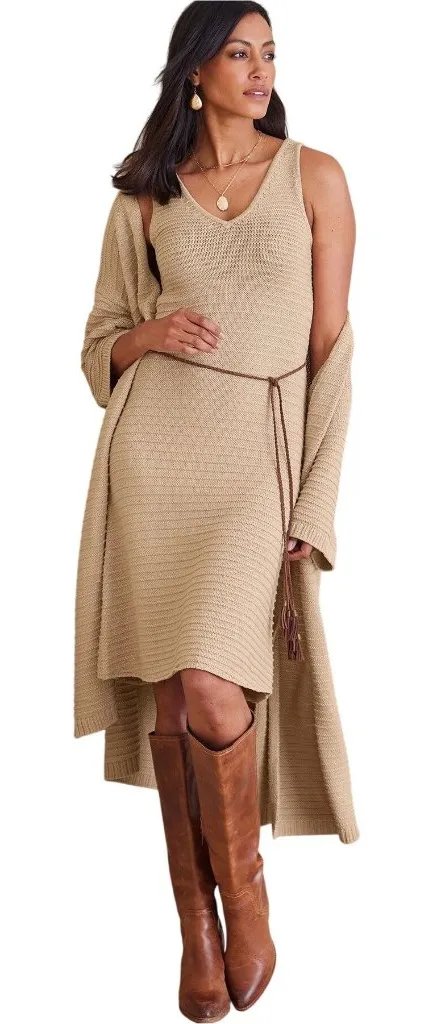 Soft Surroundings Metallic Gold Knit Belted Dress Size Medium V-neck Crochet - Image 1