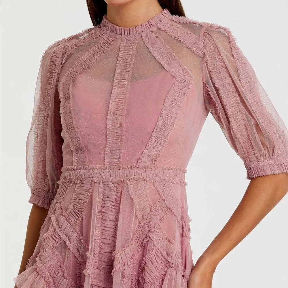 MAC DUGGAL 8058 Pink High Neck Micro Ruffle Tiered Midi Dress - Image 4