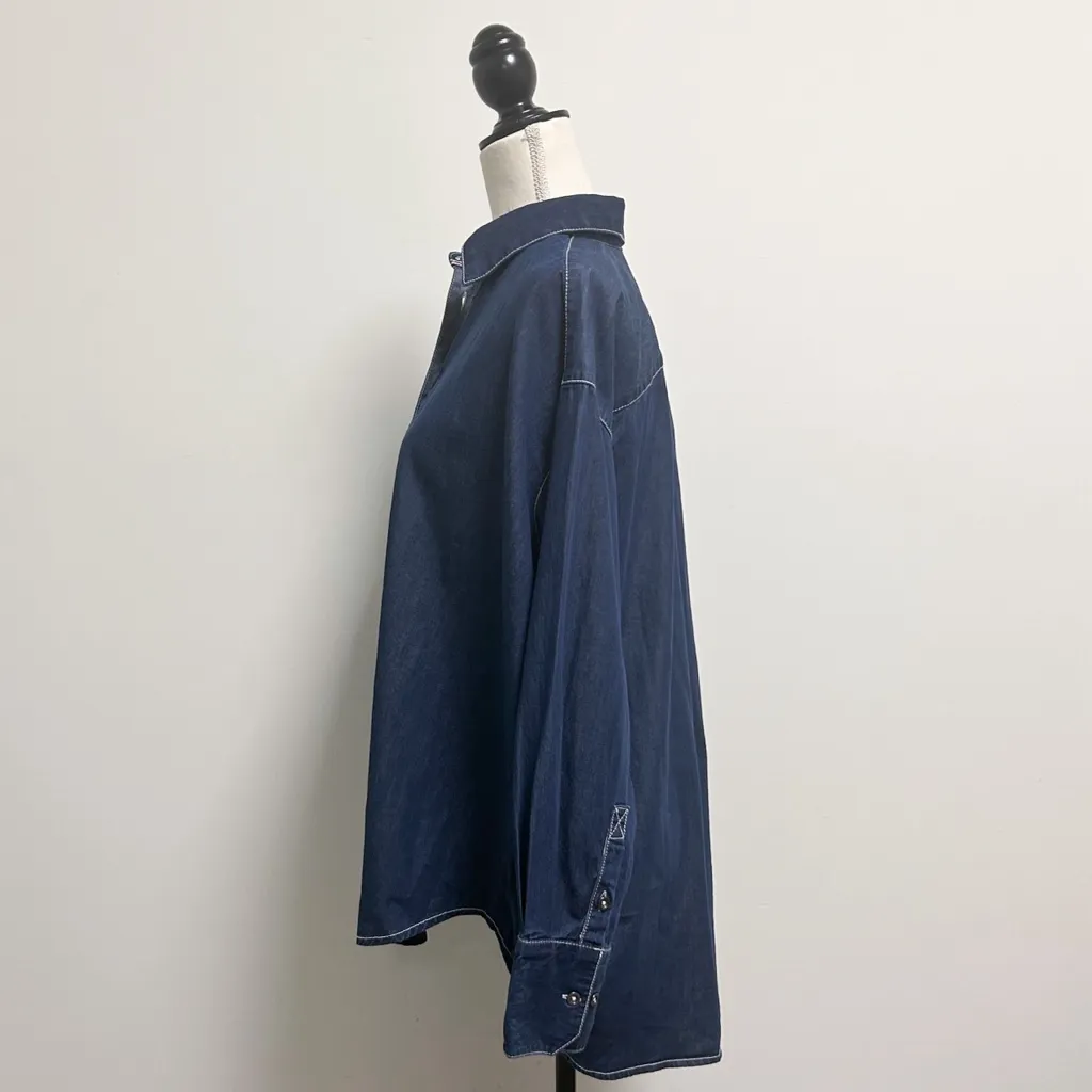 BDG Urban Outfitters Blue Denim Oversized Button Up White Stitching Hi Lo Blouse - Image 3