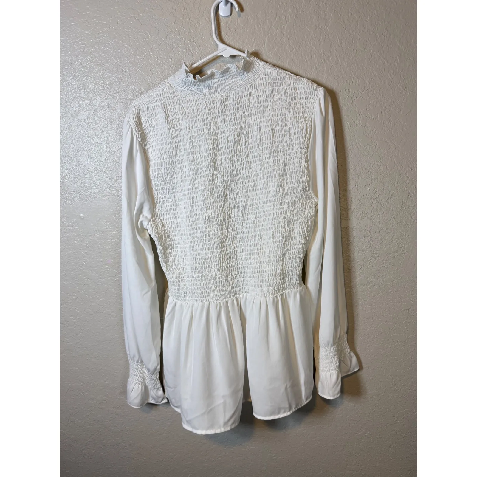 White Smocked Ruffle High Neck Long Sleeve Peplum Top Blouse XL - Image 2