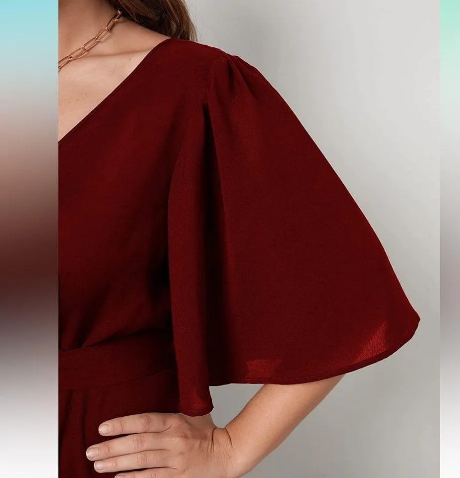 NEW Bell Sleeve V Neck Wrap Belted A Line Swing Midi Dress 2X - Image 4