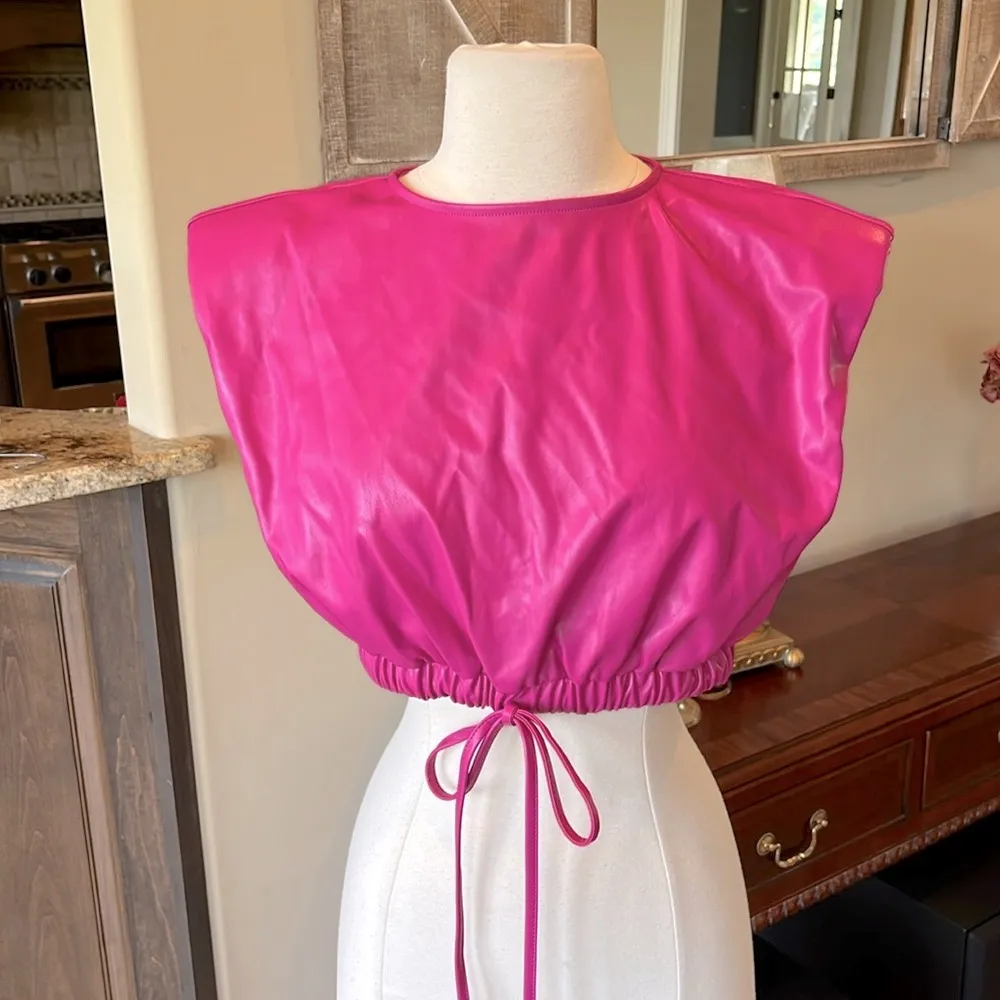Pink Leather Look Top Drawstring Cropped Hem - Image 3