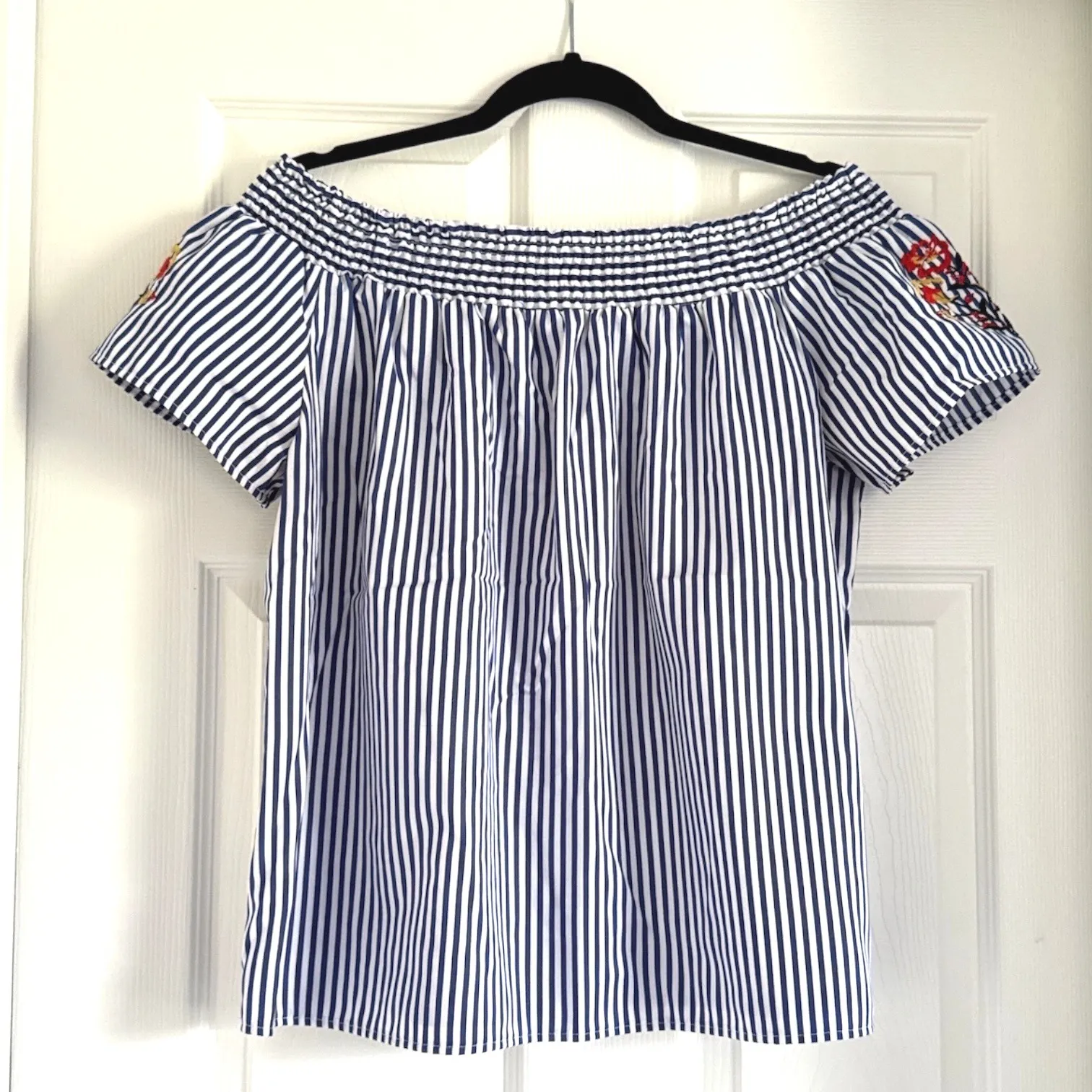 Stella Tweed‎ Women's XL Off-Shoulder Blue Striped Floral Embroidered Blouse - Image 2