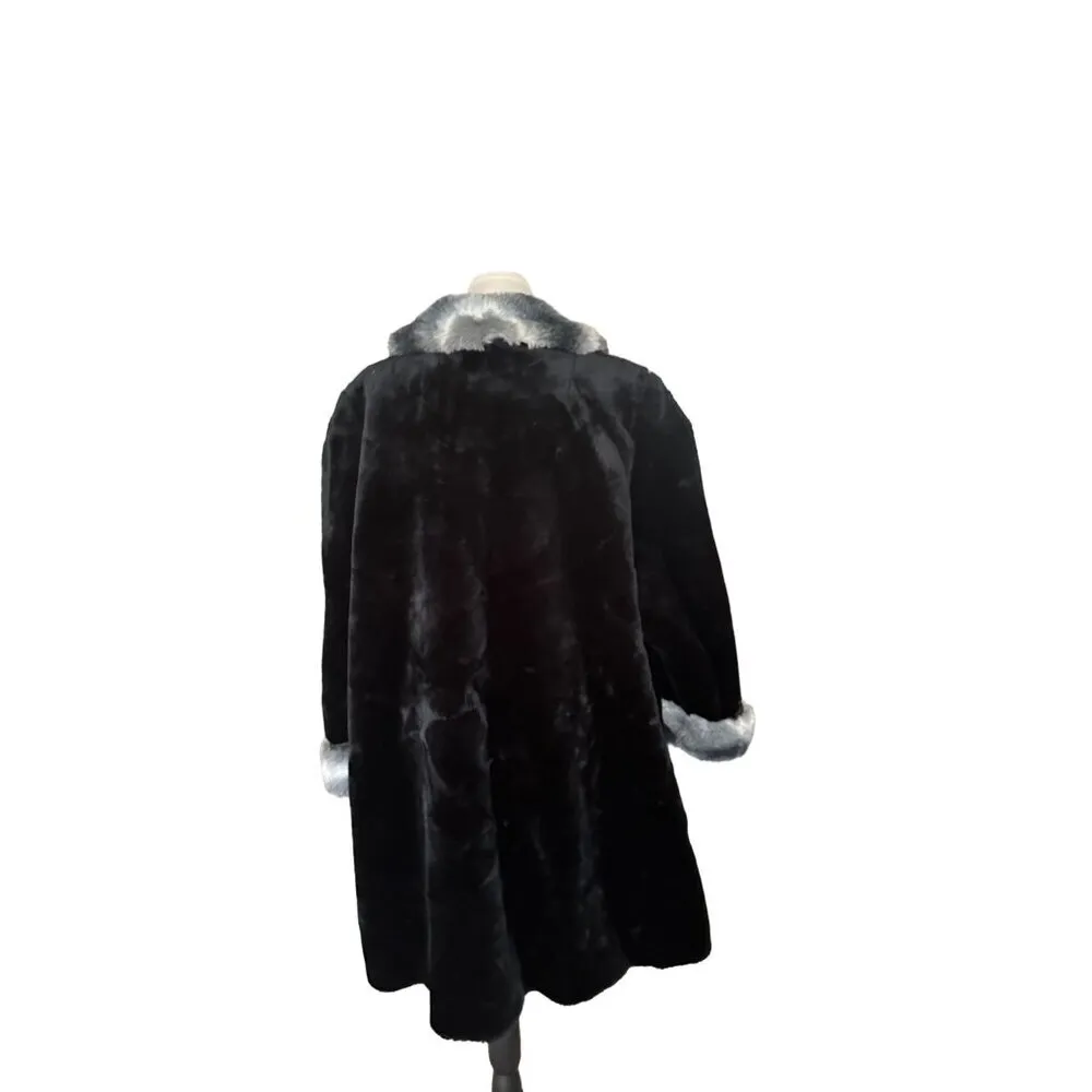 Scandinavian Faux Fur Coat Oversized Grey Striped Fox Mob wife Trim Sz 1X 90s Black - Image 6