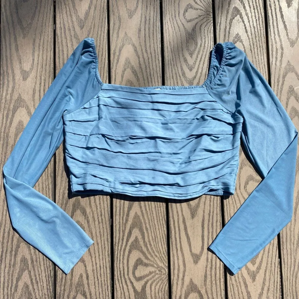 American Eagle large blue sheer cropped ruched mesh sleeve blouse - Image 3