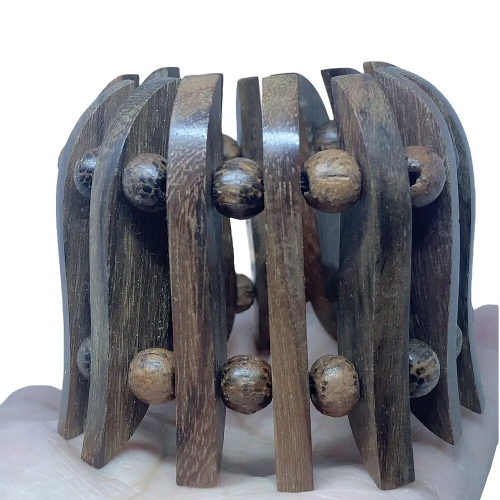 Vintage Dark Wooden Bangle Bracelet Stretchy Brown Neutral Bobo Beaded Handmade - Image 2