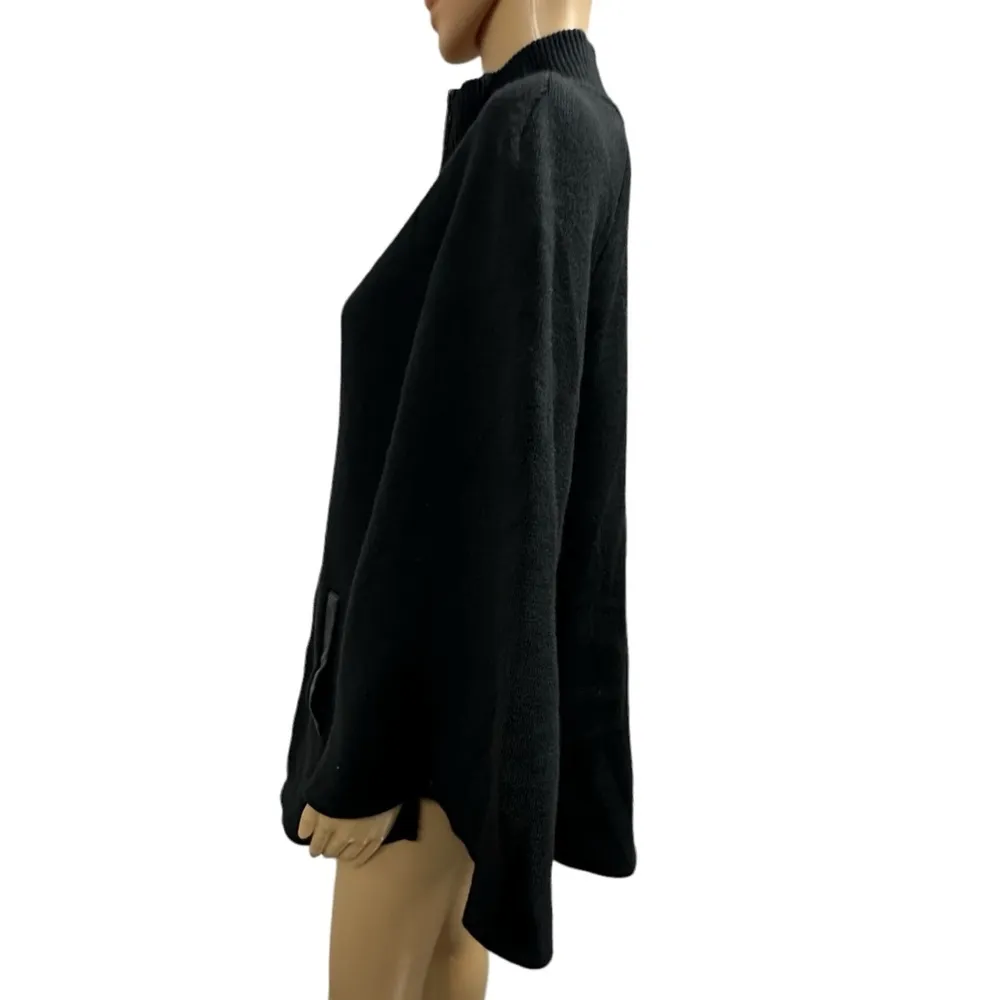 Cejon Black Leather Trim Zip Up Knit Poncho With Pockets Womens One Size Black Size M - Image 4