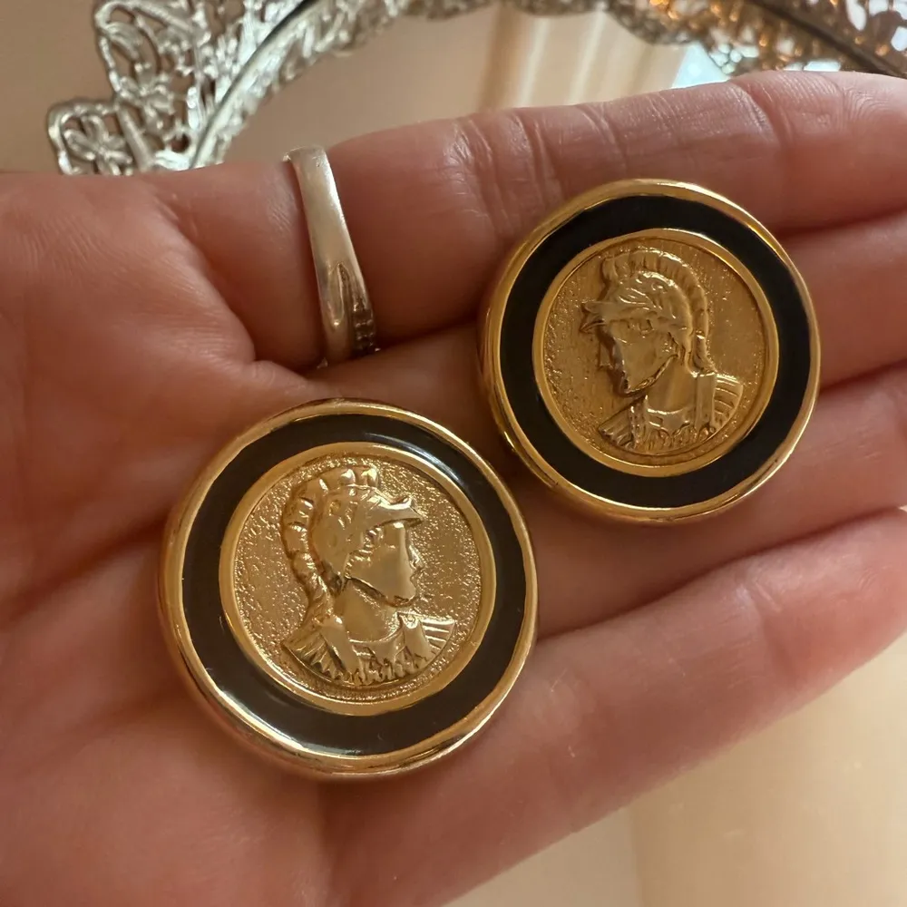 Vintage gold enamel Roman knight coin clip earrings - Image 3