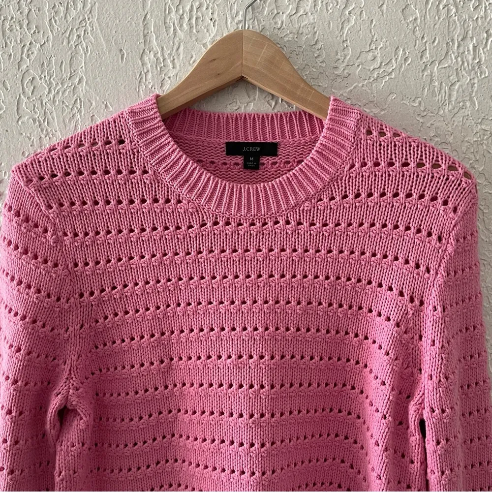 J Crew Pink Pointelle Pullover Sweater Top Balloon Crew Crochet Cotton Knit M - Image 6