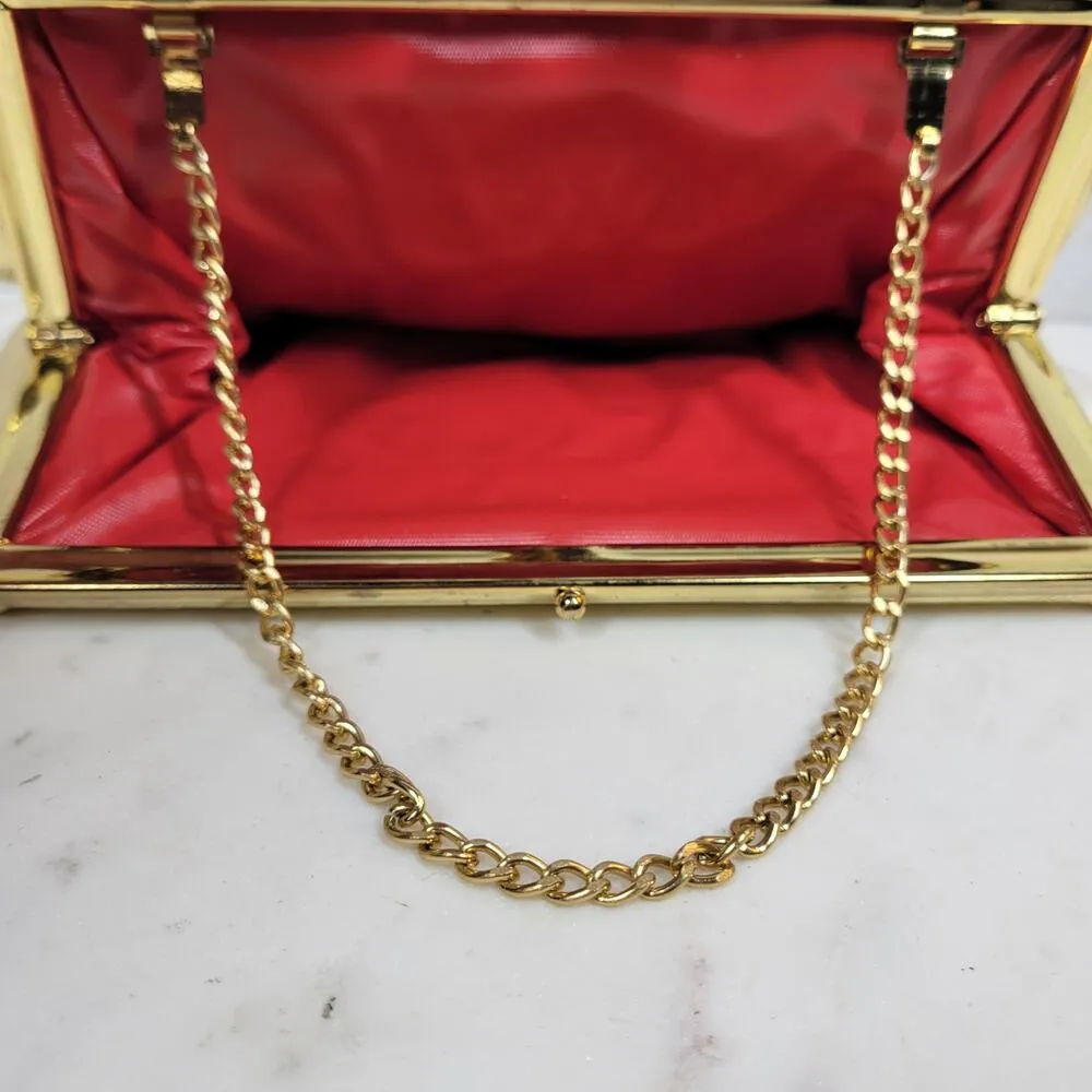 VINTAGE Lame Clutch 9.5" Gold Chain Metal Clasp Retro Evening Handbag Purse - Image 2