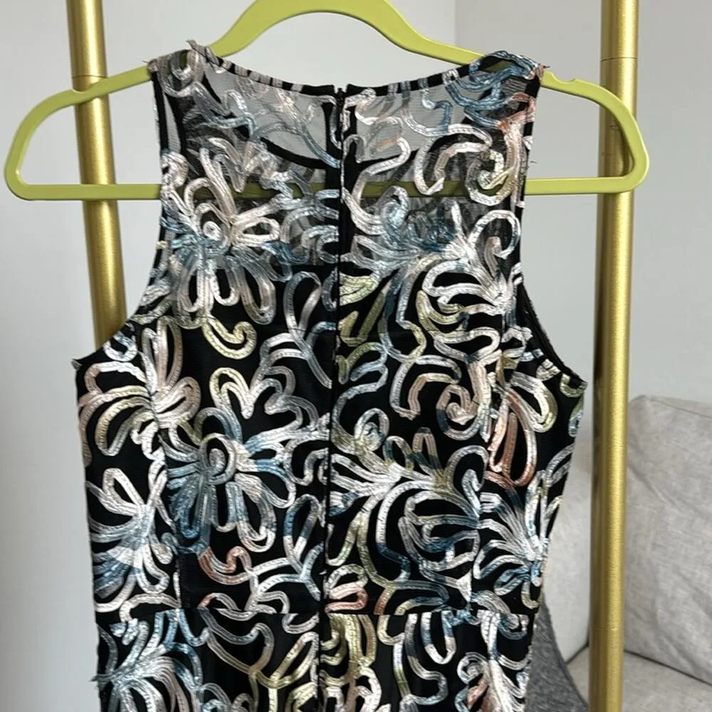 Tahari multicolor appliqué black full length gown sleeveless mesh top sz 2 - Image 8